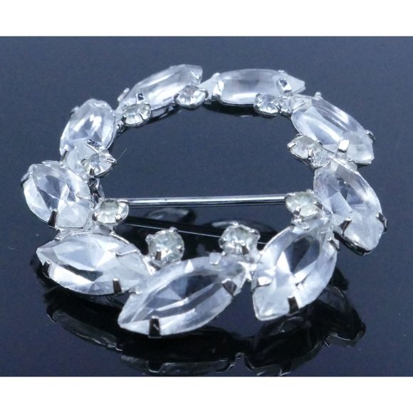 Sterling Silver Circle Brooch With Clear Crystals Marked STER CD - Picture 7 of 11